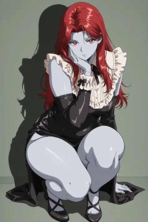 (((Character appearing to be around 40 years old, age of 40)))
(((Vampire woman)))(((Red hair)))(((Light-colored skin, Caucasian)))(((Stylish anime-style clothing)))(((Turning her body to face the viewer)))((Staring intently at the viewer))) Anime woman, f...
