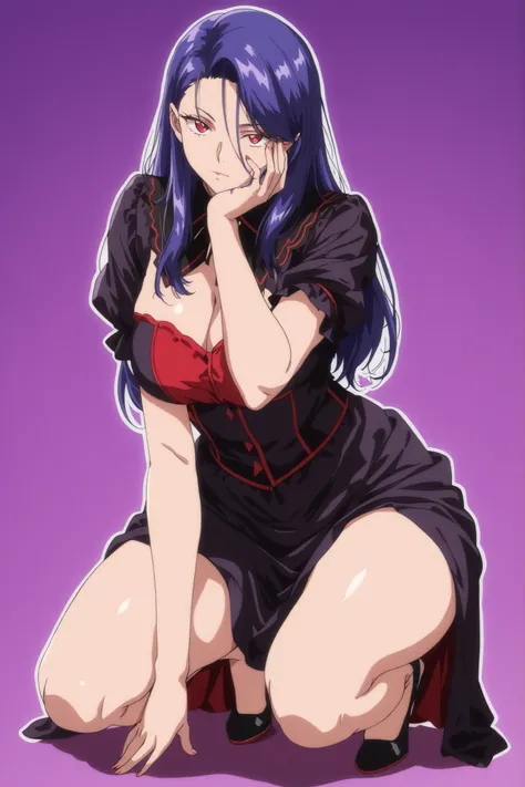 (((Character appearing to be around 20 years old, age of 20)))
(((Vampire woman)))(((Purple hair)))(((Fair skin, European skin tone)))(((Stylish anime-style clothing in red, purple, and black)))(((Turning her body to face the viewer)))((Staring intently at...