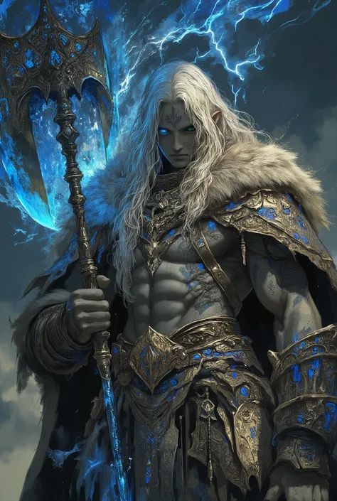 An epic male barbarian holding a large axe covered with glowing runes. He has a chiseled body with scars a tribal designs painted on him with blue. He is wearing partial armor, with the balance being fur or leather. All of his clothing is intricately detai...