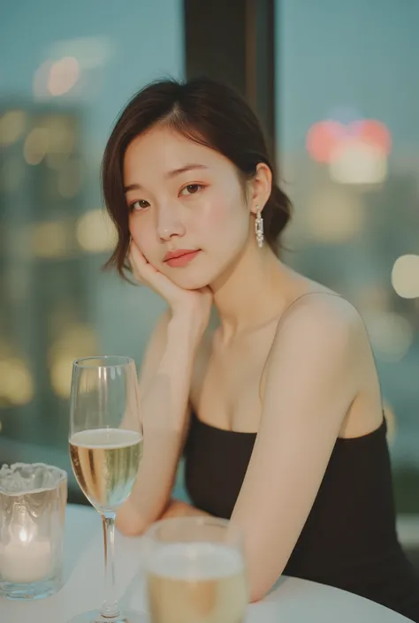 20 year old Japanese woman, beautiful face, elegant side-swept hair, slim figure, evening cocktail dress, champagne toast pose, sophisticated smile, luxury rooftop bar, city lights backdrop, evening atmosphere, 50mm lens, celebration composition, festive m...