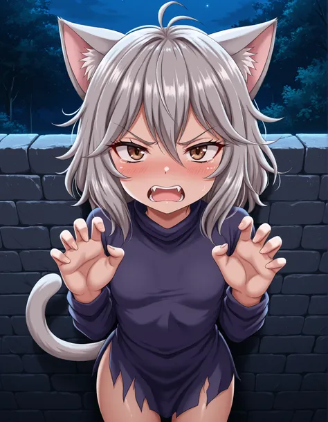 bbmbbf style,, 1girl, petite, (skinny and frail:0.7), cat girl, against wall, stone wall, brown eyes,looking at viewer, grey hair, medium hair, messy hair, angry, (scared:0.4), (open mouth:0.5), fangs, hands up, (tearing up:0.5), tail raised, torn clothes,...