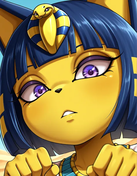 bbmbbf style,, depth of field, 1girl, furry, ankha \(animal crossing\), expressionless, eye reflection, yellow background, yellow theme, blue background, desert,, purple eyes, glowing eyes, wide-eyed, paw pose, looking at viewer, close-up, parted lips,