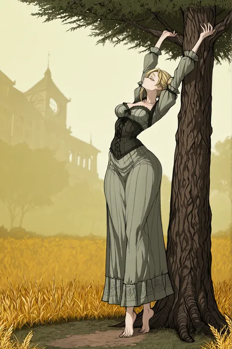 Cartoon-style illustration with flat shading of a blonde woman from the 1820s in Brazil.

She is reaching upward with both arms stretched above her head, standing on her tiptoes, reaching for fruit on a tree branch. Her long blonde hair is styled in a uniq...