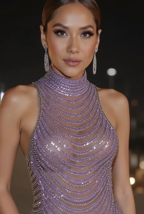 (masterpiece, best quality:1.2), (BCL), natural face expression, very fair skin tone, venue is on a rooftop edge with dim lighting, the area have intimate vibes, clo007, wearing a sheer, mesh gown colored Lavender adorned with cascading pearl embellishment...