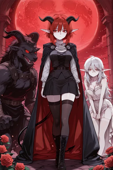 hentamonn,DSP, artist:DSP, mogeko,,masterpiece , best quality , amazing quality , very aesthetic, white skin, pale skin, tall girl, adult, rounded elf ear, red eye, drooping eyes, cold look, white pupil, feline pupil, short hair, slightly messy hair, maroo...