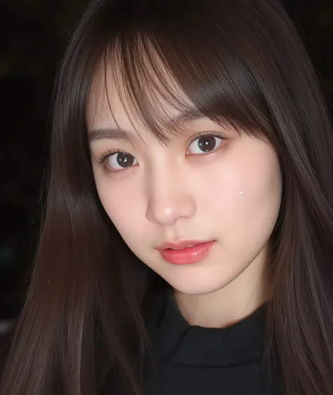 The image is a close-up photograph of a young Asian woman with a fair complexion. Her face dominates the frame, occupying the majority of the image, with her eyes, nose, and lips prominently visible. She has large, almond-shaped eyes with long, thick eyela...