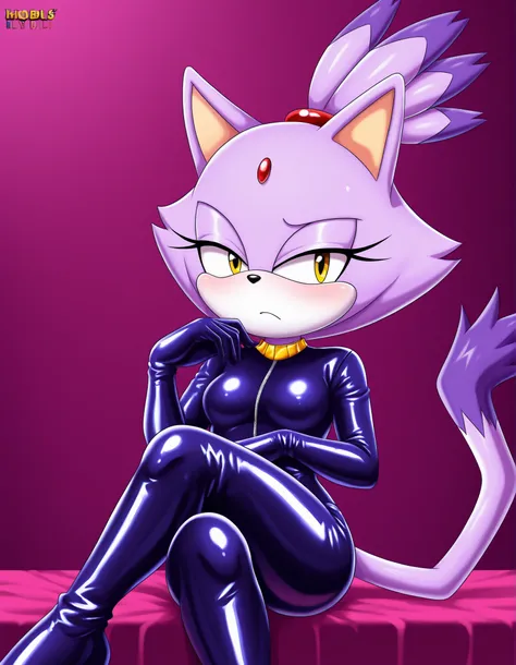 bbmbbf style,, 1girl, solo, latex, latex gloves, latex legwear, crossed legs, looking at viewer, relaxed expression, furry, blaze the cat, purple fur, topknot, ponytail, cat tail, yellow eyes, extremely detailed, highres, masterpiece, best quality,