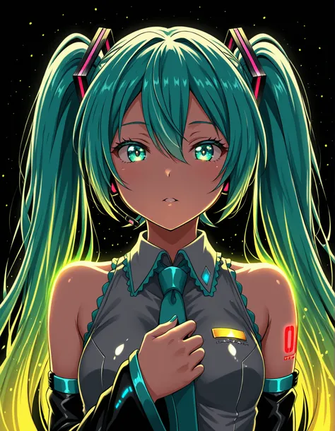 bbmbbf style,, Hatsune Miku, limited palette, black background, colorful, vibrant, glowing outline, neon, blacklight, looking at viewer, masterpiece, very aesthetic,