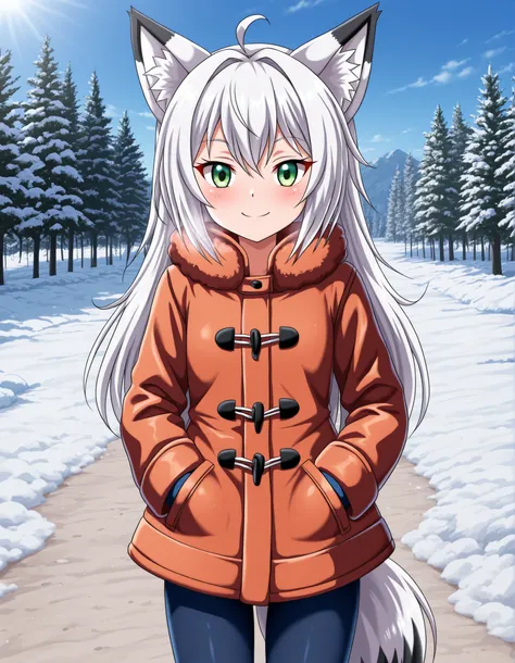 bbmbbf style,, anime, solo, BREAK, young fox girl, skinny and frail, (petite,cute:0.5), green eyes, looking at viewer, long hair, white hair, smile, winter clothes, outdoors, winter