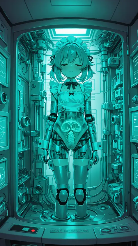 morimee_style,cute face,3DMM,maid clothes technical photo showing the internal structure of cyborgs、Internal precision machines and biological parts can be seen in a semi-disassembled state、connection part of wiring and artificial muscles、precise joint mec...