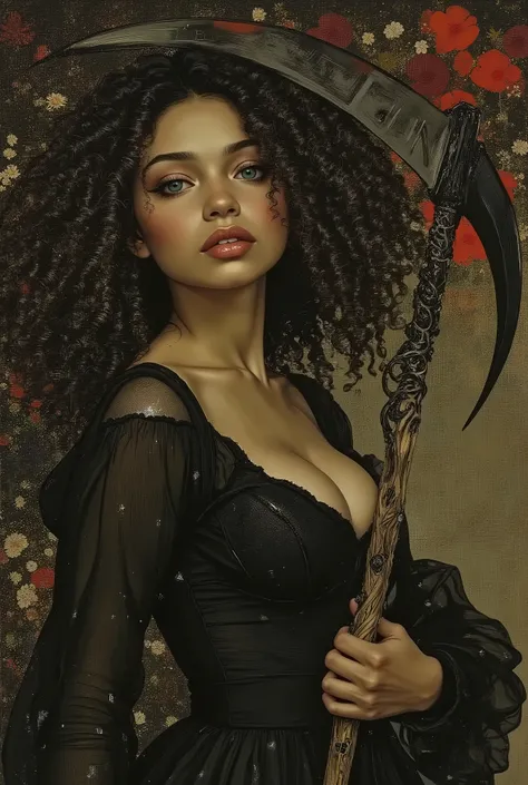 a dark-haired woman in a black dress, the most beautiful female death in the world, mixed african american with lovely caramel skin and thick thighs big beautiful ass, nice waist, small round breasts, holding a scythe with the letters "HNP" engraved on it,...