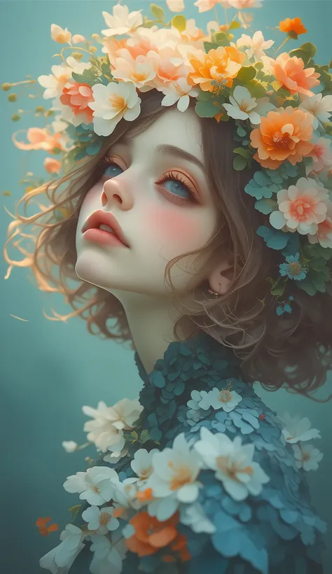 (masterpiece, best quality, ultra-detailed, photorealistic, cinematic lighting, HDR, 8K, shallow depth of field, realistic skin texture, natural light, soft focus, ethereal atmosphere),
portrait of a young woman wearing a headpiece made of fresh flowers, d...