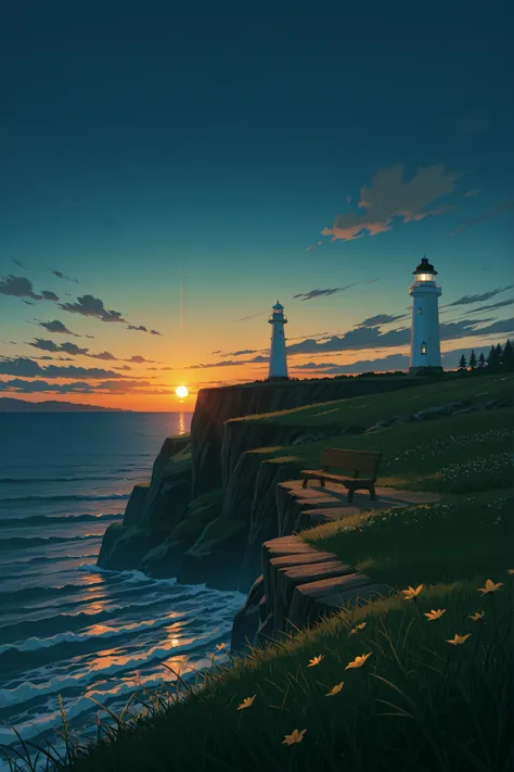 Generate an ultra HD image (8K) that captures the beautiful view of a lighthouse located on the edge of a cliff, illuminated by the warm light of an evening as night begins to fall. Includes a pair of wooden benches near the lighthouse, surrounded by soft ...