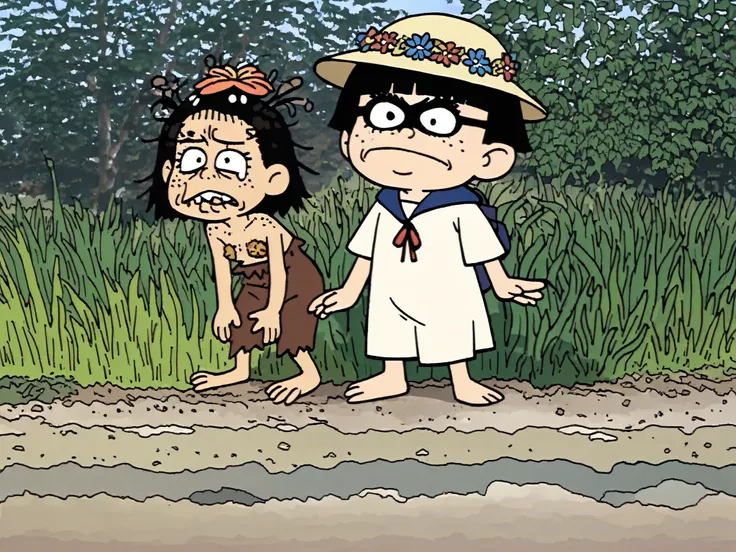 masterpiece, newest,absurdres, incredibly absurdres, (surreal:1.5), 1girl (freckles), ((natural color scheme unibrow, unibrow)), huge two gaped-bucktooth face), outdoors, solo, hat, sailor girl, white dress, black hair, scenery, short hair, bag, from behin...