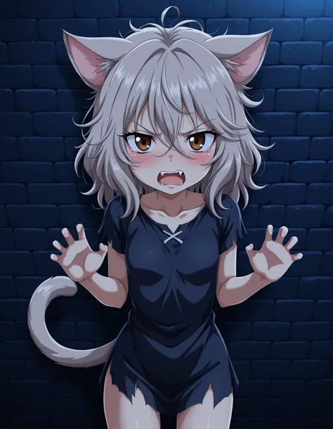 -Bbmbbf-,, 1girl, petite, (skinny and frail:0.7), cat girl, against wall, stone wall, brown eyes,looking at viewer, grey hair, medium hair, messy hair, angry, (scared:0.4), (open mouth:0.5), fangs, hands up, (tearing up:0.5), tail raised, torn clothes, str...