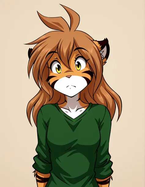-Bbmbbf-,, furry, solo, flora-twokinds, flora_twokinds,, tiger, striped fur, keidran, yellow eyes, anthro, simple background,,, green shirt