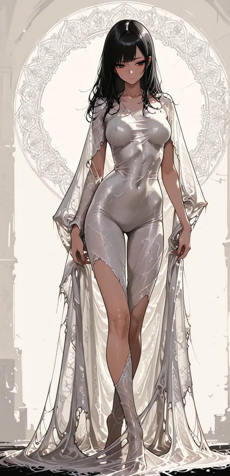 Female 1 , Solo, Huge White Silk Cloak, (Covered in Silk:1.2), (Body Silhouette:1.2), black hair, beautiful, Nude, Women's curves, thin waist, Widehip, long legs, Nude, masterpieces, top quality, rolling around rich contrast, Damp texture, high resolut...