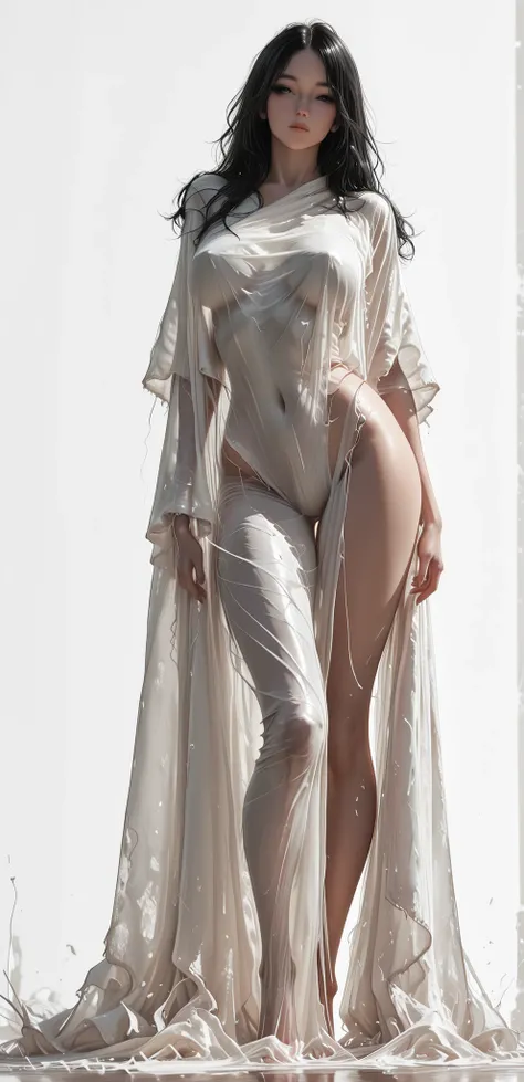 Female 1 , Solo, Huge White Silk Cloak, (Covered in Silk:1.2), (Body Silhouette:1.2), black hair, beautiful, Nude, Women's curves, thin waist, Widehip, long legs, Nude, masterpieces, top quality, rolling around rich contrast, Damp texture, high resolut...