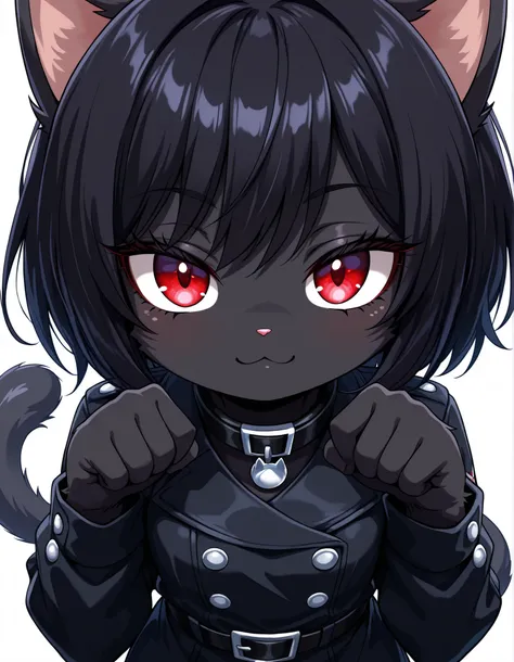 -Bbmbbf-,, masterpiece, best quality, very aesthetic, 1girl, solo, white background, looking at viewer, portrait, paw pose, :3, furry female, cat girl, animal ears, black hair, short hair, black skin, red eyes, cat tail, black jacket, buttons, long sleeves...