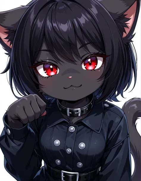 -Bbmbbf-,, masterpiece, best quality, very aesthetic, 1girl, solo, white background, looking at viewer, portrait, paw pose, :3, furry female, cat girl, animal ears, black hair, short hair, black skin, red eyes, cat tail, black jacket, buttons, long sleeves...