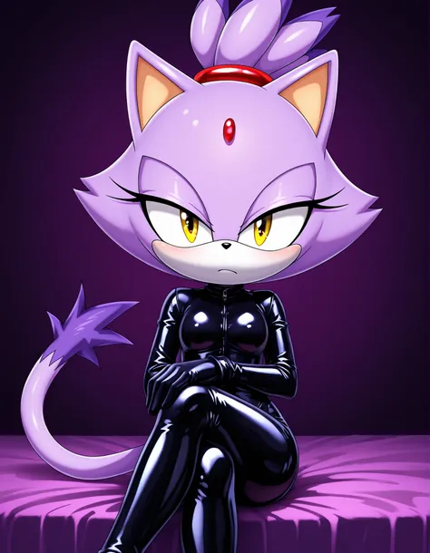 -Bbmbbf-,, 1girl, solo, latex, latex gloves, latex legwear, crossed legs, looking at viewer, relaxed expression, furry, blaze the cat, purple fur, topknot, ponytail, cat tail, yellow eyes, extremely detailed, highres, masterpiece, best quality,