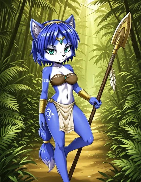 -Bbmbbf-, masterpiece, best quality, amazing quality,,1girl,solo,furry,furry female, krystal, tube top,jungle, holding spear, tribal tattoo,closed mouth,snout,