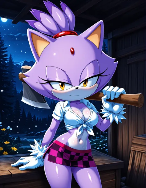 -Bbmbbf-, ,, solo, 1girl, blaze the cat, furry, shiny skin, short stack, (wide hips:0.8), white gloves, medium breasts, cleavage, black miniskirt, midriff, red checkered knotted top, tied shirt, axe over shoulder, BREAK smile, smug, BREAK (cabin:1.3), nigh...