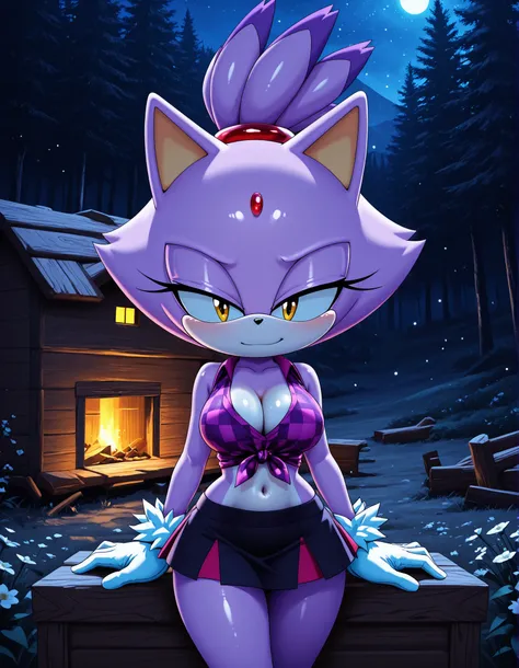 -Bbmbbf-,, solo, 1girl, blaze the cat, furry, shiny skin, short stack, (wide hips:0.8), white gloves, cleavage, black miniskirt, midriff, red checkered knotted top, tied shirt, BREAK smile, smug, BREAK (cabin:1.3), night, forest background, (mountains:1.1)...