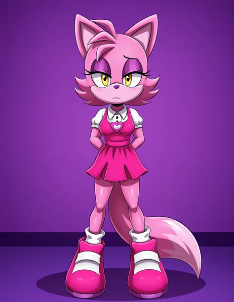 -Bbmbbf-,, solo, Funtime_foxy_(fnaf), Fox Girl, Anthro_Furry, furry anthro, female, solo, White Fur, Pink Skin, Yellow Eyes, Pink Tipped Bushy Tail, from front, hi res,, safe, clothing, clothes,