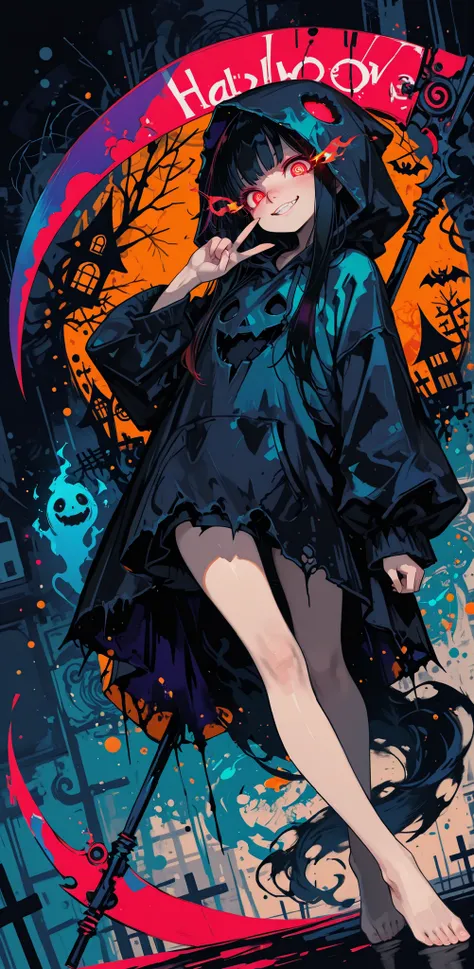 (Abstract), masterpieces, top quality, girl 1, beautiful, Very Long Black Hair, crimson eyes, Flaming eyes, Big eyes, cute nose, Brutal Smile, Teeth, black ghost cosplay, hood, giant scythe , (V finger), long legs, Barefoot, Dynamic Poses, Dynamic Angle, (...