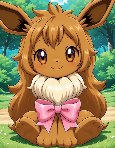 -Bbmbbf-,, pokekid, eevee, fluffy girl, furry girl, female, smile, smiling, has a big pretty bow in her hair, has animal paws for hands, 1girl, best quality, outdoors, high definition, cute,