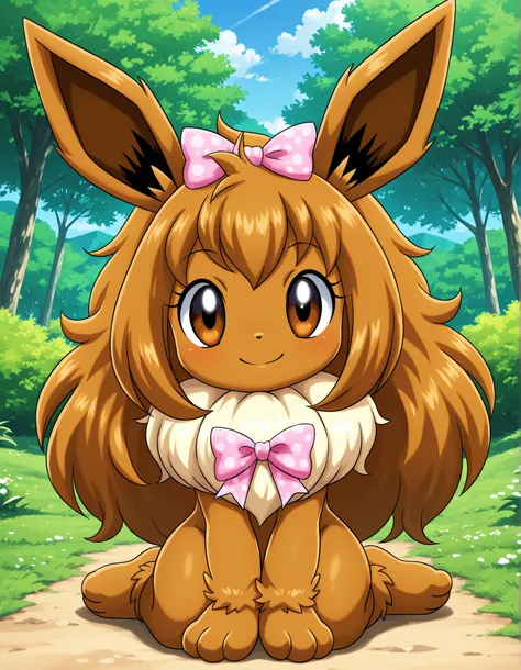 -Bbmbbf-,, pokekid, eevee, fluffy girl, furry girl, female, smile, smiling, has a big pretty bow in her hair, has animal paws for hands, 1girl, best quality, outdoors, high definition, cute,