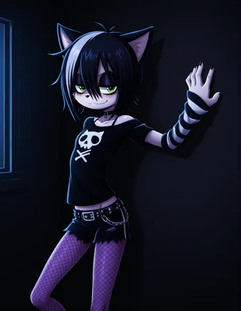 -Bbmbbf-,, volumetric_lighting, chiaroscuro_lighting, vibrant, shaders, against_the_wall, arched_back, 1girl, interior, solo, detailed, furry, cat, skinny, smug, ((cute_clothes, emo, fishnets)), white_fur, cute, claws, stare, soft_light, stylized, SuchHorr...