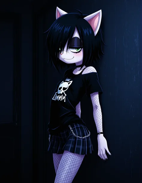 -Bbmbbf-,, volumetric_lighting, chiaroscuro_lighting, vibrant, shaders, against_the_wall, arched_back, 1girl, interior, solo, detailed, furry, cat, skinny, smug, ((cute_clothes, emo, fishnets)), white_fur, cute, claws, stare, soft_light, stylized, SuchHorr...