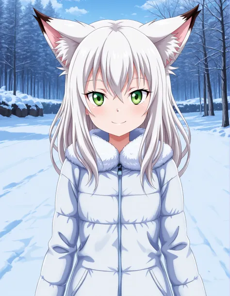 -Bbmbbf-,, anime, solo, BREAK, young fox girl, skinny and frail, (petite,cute:0.5), green eyes, looking at viewer, long hair, white hair, smile, winter clothes, outdoors, winter