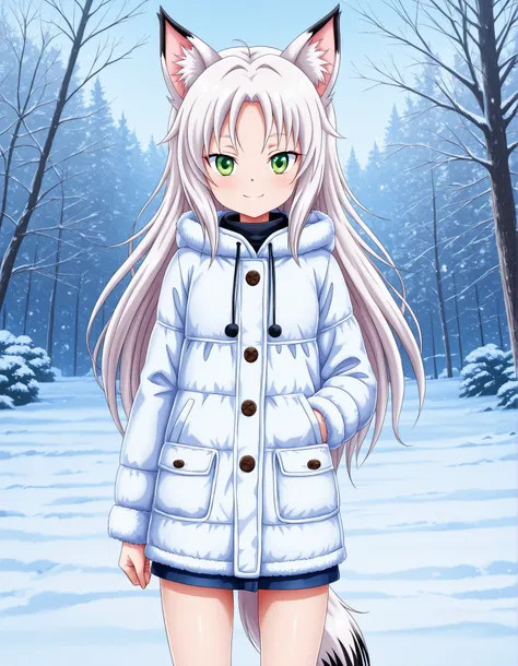 -Bbmbbf-,, anime, solo, BREAK, young fox girl, skinny and frail, (petite,cute:0.5), green eyes, looking at viewer, long hair, white hair, smile, winter clothes, outdoors, winter