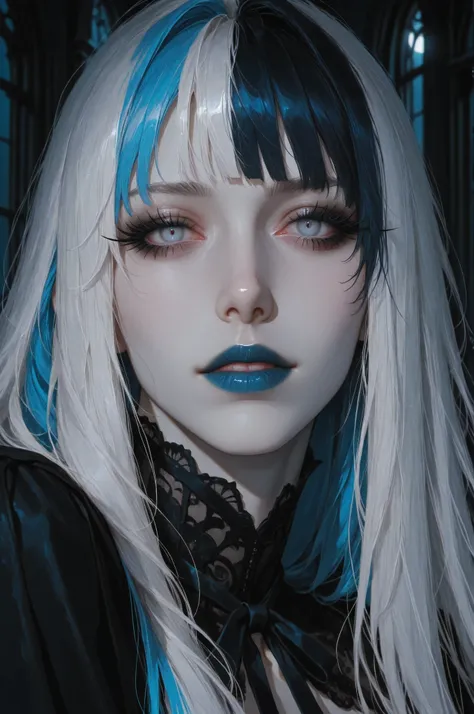 semi realistic, painterly, digital painting, 1girl, looking at viewer, close-up, split-color hair, blue hair, white hair, long eyelashes, goth girl, dark theme, moonlight, partially illuminated, pale skin, dark theme, blue lipstick