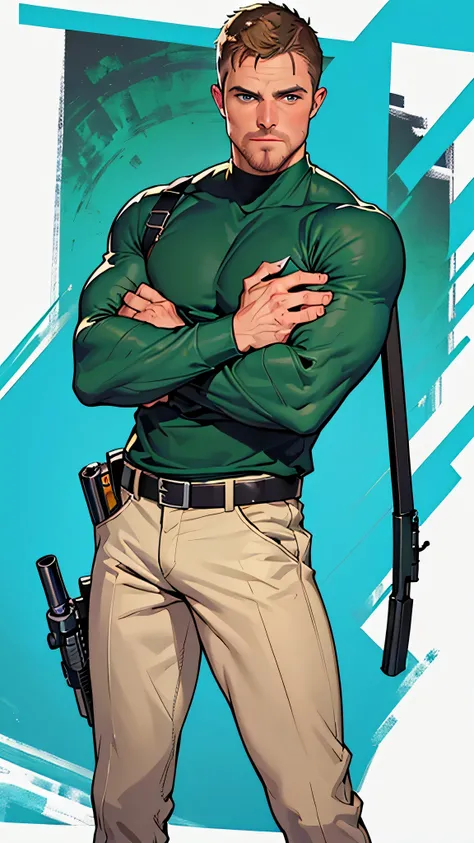 vpl,vpl,1 man, male focus solo,45 yo man, (((Stephen AMELL as private investigator))), lean muscle, open blue shirt, marine blue jeans with brown belt ,( bulge), full body shot, dark blond short hair, BLUE GREEN EYES , well groomed facial hair, (((( HANDS...