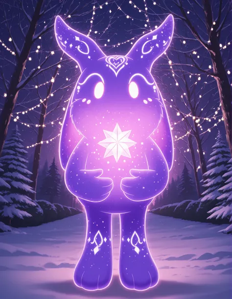 -Bbmbbf-,, A lonely, whimsical, bioluminescent rabbit creature, adorned with graffiti-like markings, amidst a winter wonderland of dark purple and pink. The forest is lit by glowing Christmas lights and ornaments, creating a melancholic yet magical atmosph...