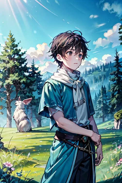 A young man troubadour, approximately 18 years old, with short brown hair, Kind eyes, dressed in worn-out gray pierced medieval clothes, on a meadow in ashes, in front of a spirit of semitransparent wind, ethereal