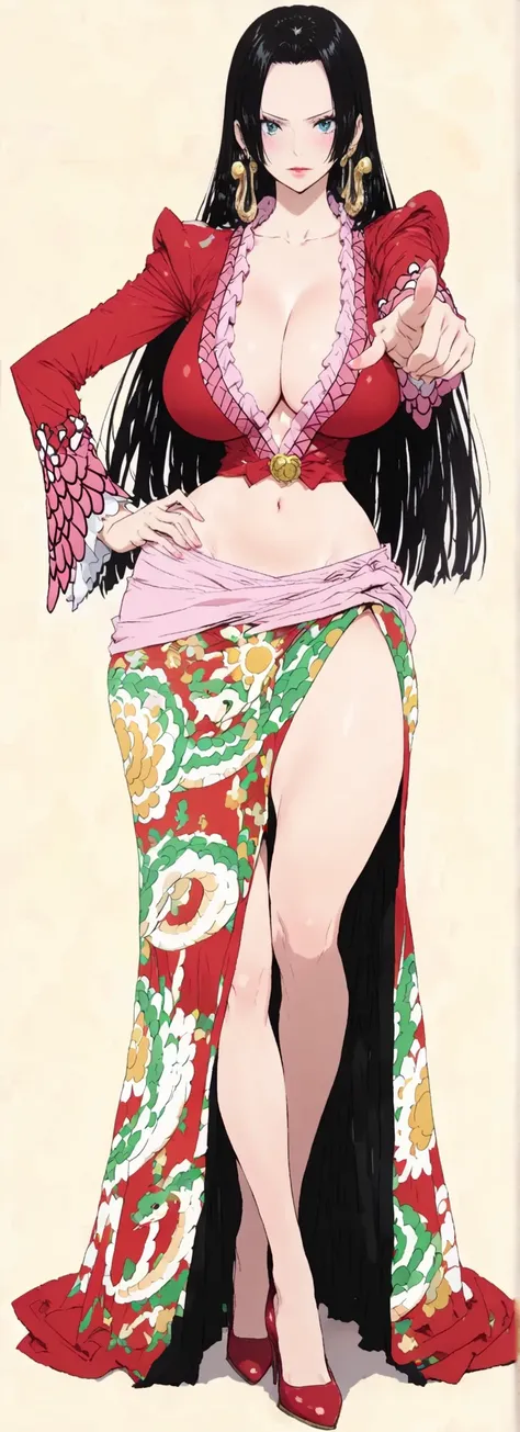 ,(masterpiece:1.3),(high quality:1.4),(intricate, high detail:1.2),,solo, hancock, 1woman, solo, black hair, blue eyes,makeup, long hair, snake earrings, anime coloring, large breast,thick thighs , large breasted dress, red shirt, cleavage, midriff, navel,...