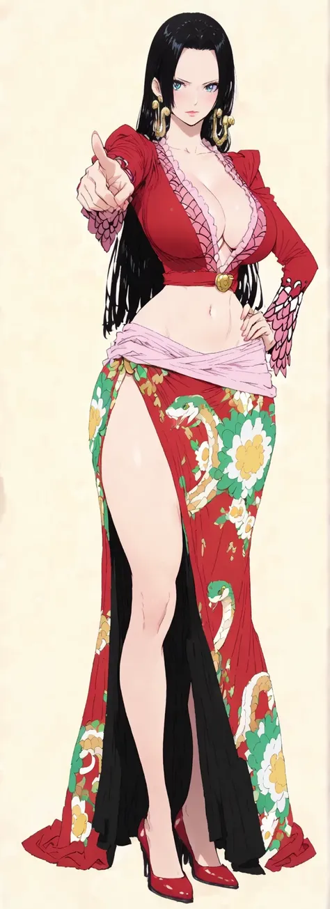 ,(masterpiece:1.3),(high quality:1.4),(intricate, high detail:1.2),,solo, hancock, 1woman, solo, black hair, blue eyes,makeup, long hair, snake earrings, anime coloring, large breast,thick thighs , large breasted dress, red shirt, cleavage, midriff, navel,...
