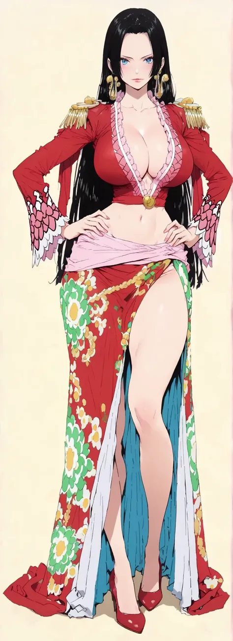 ,(masterpiece:1.3),(high quality:1.4),(intricate, high detail:1.2),,solo, hancock, 1woman, solo, black hair, blue eyes,makeup, long hair, snake earrings, anime coloring, large breast,thick thighs , large breasted dress, red shirt, cleavage, midriff, navel,...