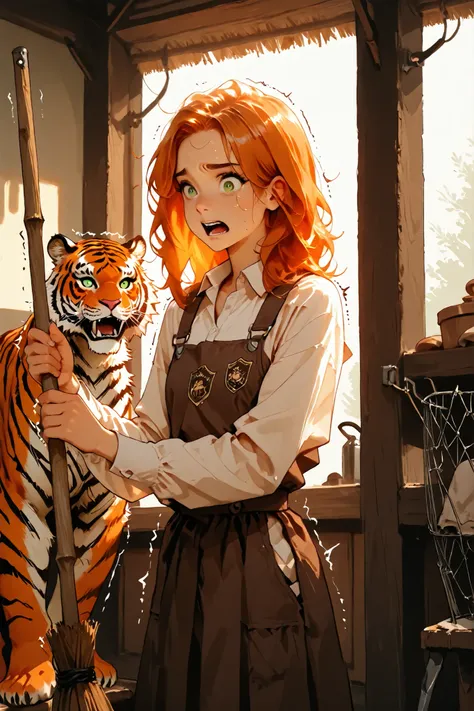 1 girl: orange hair, medium hair,  two-tailed, green eyes, normal chest, perfect exposure, cleaning work in front of the big tiger, Young female caretaker, Cleaning the cage, Careta keeper's clothes, Frightened and trembling , Tiger is behind the woman, Sw...