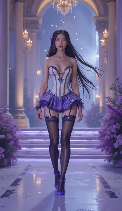 Shot on below, 4K, hyper detail, hyper detail clothing texture, 17-year-old young Asian girl with a cute face with sweet appearance and white skin, tall body, slim and small belly, wide waist, shiny body, shiny costume, long and sexy muscular legs, and gia...