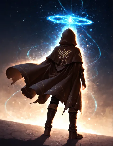 flowing, arcane cloak that shimmers with ethereal energy,, revealing fragments of cosmic patterns, glowing runes, and faint constellations,, Cinematic lighting, high detail, ultra-realistic anime shading, perfect shadow balance, volumetric fog, rim light a...