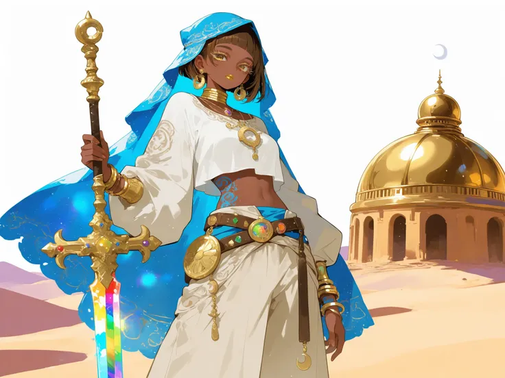 (0__11Xx_illu,duobaan,) The sorceress is a jeweler, a master of artifacts. She has tanned dark skin covered with ornate blue tattoos. She has dark-brown shorty haircut ((boy's crewcut)) with a copper sheen. She has golden lips, bronze eyes and long dramat...