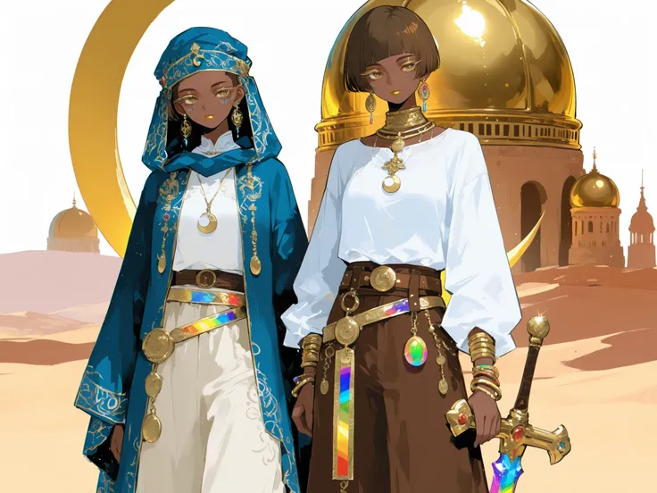 (0__11Xx_illu,duobaan,) The sorceress is a jeweler, a master of artifacts. She has tanned dark skin covered with ornate blue tattoos. She has dark-brown shorty haircut ((boy's crewcut)) with a copper sheen. She has golden lips, bronze eyes and long dramat...