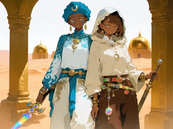 (0__11Xx_illu,duobaan,) The sorceress is a jeweler, a master of artifacts. She has tanned dark skin covered with ornate blue tattoos. She has dark-brown shorty haircut ((boy's crewcut)) with a copper sheen. She has golden lips, bronze eyes and long dramat...