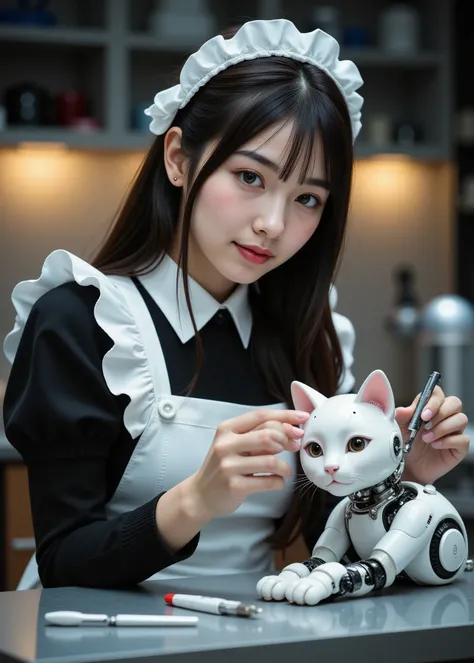 maid with mechanical talent、cyborg pet repair scene、PRECISION WORK 、digital diagnostic device、black maid clothes、cat robot、soft light、Technical Knowledge、 Gentle Hands 、sci-fi worldview